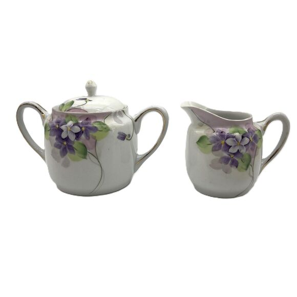 Meito China Creamer & Sugar Bowl w/ Lid Hand Painted Violet Floral Gold Trimmed - Picture 2 of 15